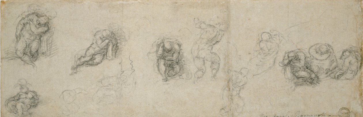 Studies van een slapende apostel en andere figuren door Michelangelo Buonarroti