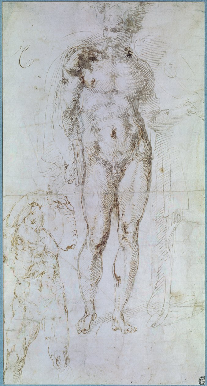 Studie voor Apollo staande naakt met een mantel over zijn schouders en de figuur van een man die een last draagt door Michelangelo Buonarroti
