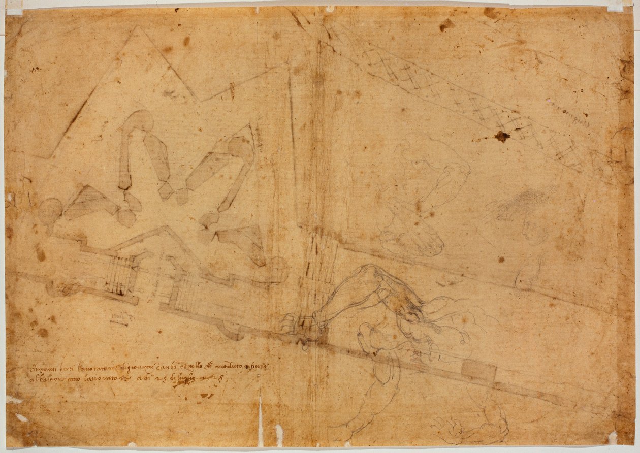 Studie van figuur door andere hand en handgeschreven inscriptie door Michelangelo Buonarroti