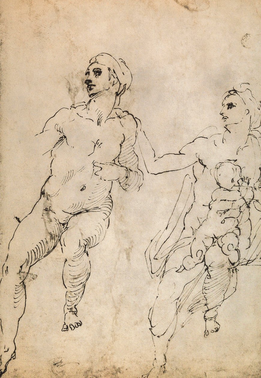 Studie van enkele naakte figuren, Louvre, Parijs door Michelangelo Buonarroti