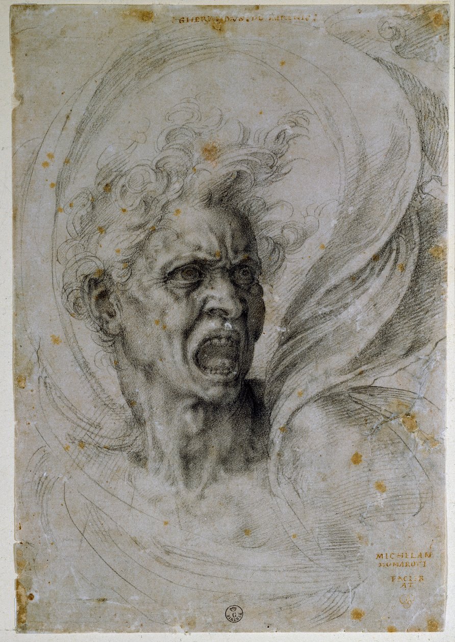 Studie van het hoofd van een schreeuwende man. Tekening door Michelangelo Buonarroti, bekend als Michelangelo. Florence, Uffizi Museum door Michelangelo Buonarroti