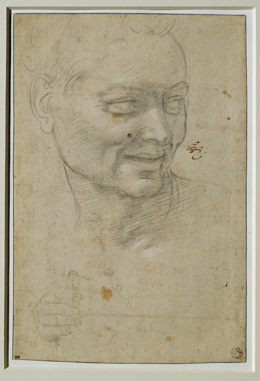 Hoofd en rechterhand van de ignudo boven en links van Jesaja, bij het gewelf van de Capella Sistina ... door Michelangelo Buonarroti