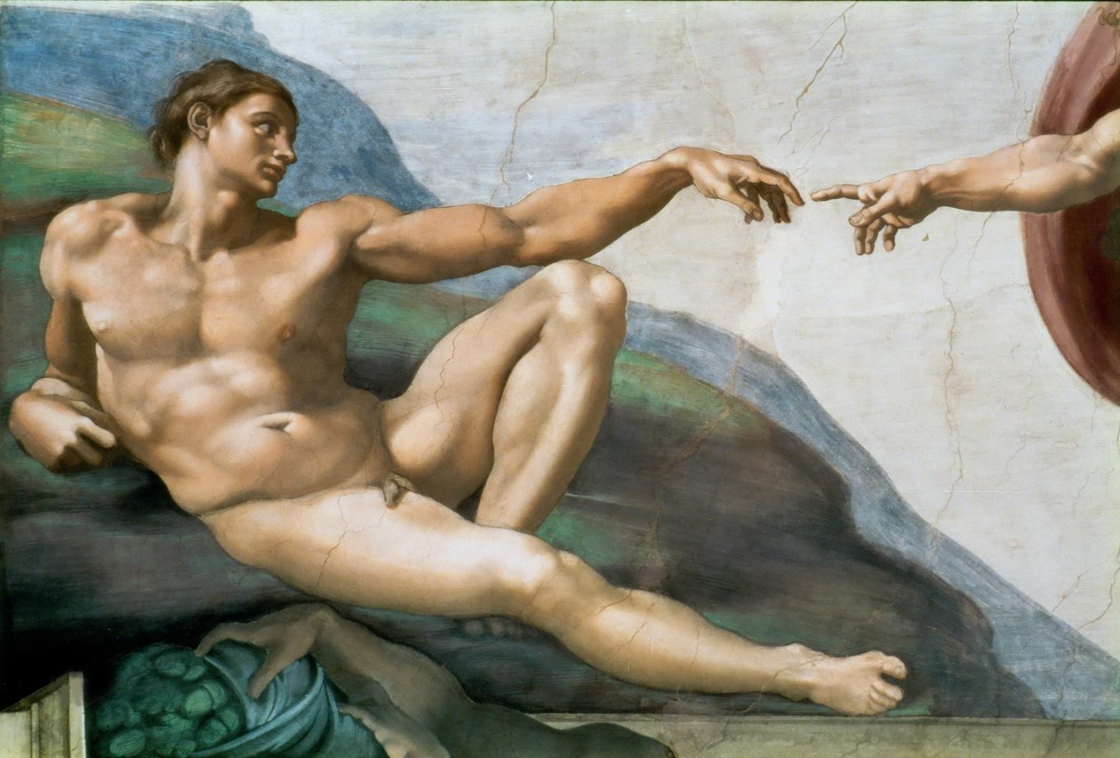 De schepping van Adam. Detail Sixtijnse Kapel plafond in het Vaticaan, 1508-1512 door Michelangelo Buonarroti