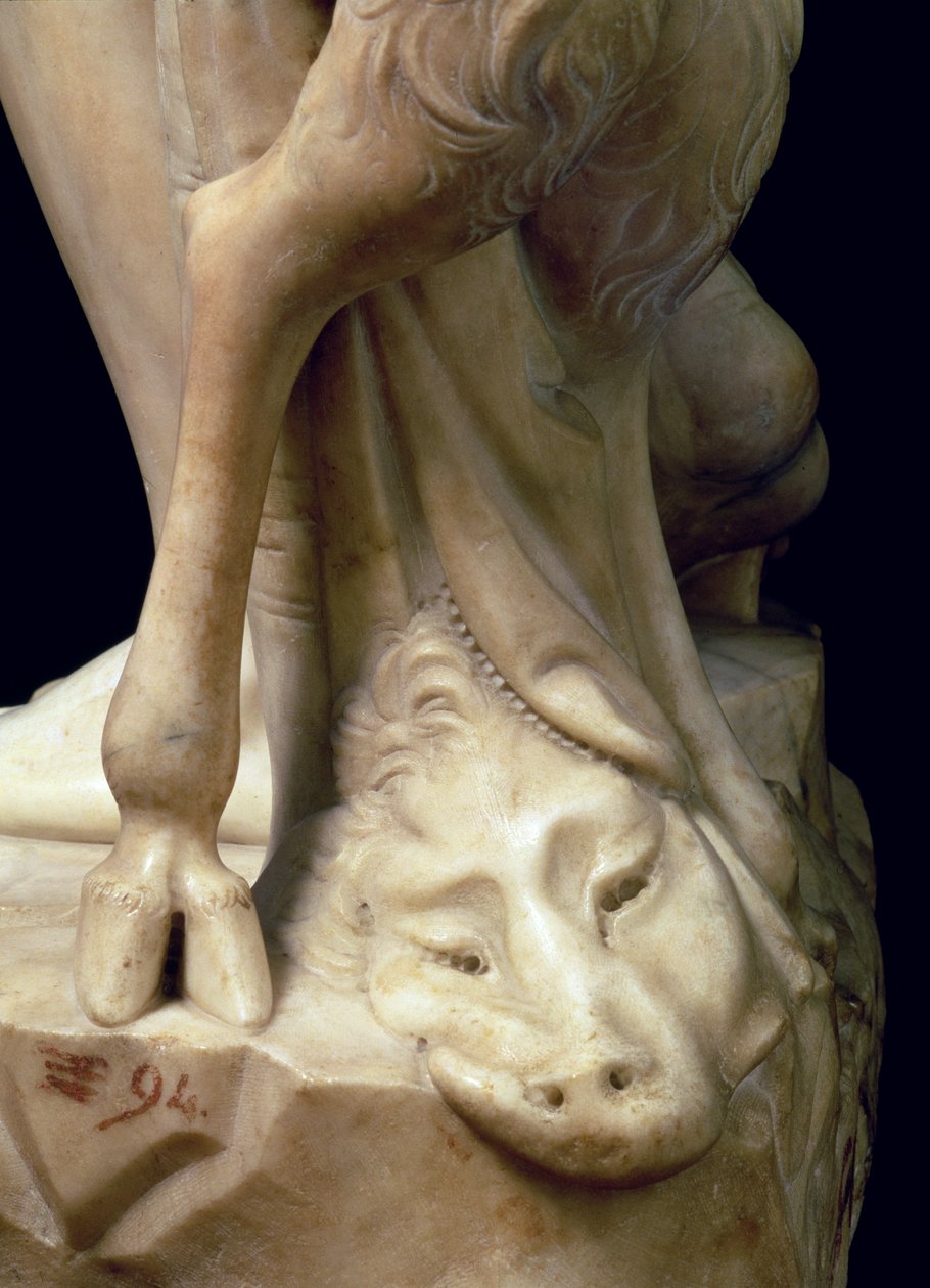 De dronkenschap van Bacchus, detail van het hoofd van een panter, beeldhouwwerk door Michelangelo Buonarroti (detail) door Michelangelo Buonarroti