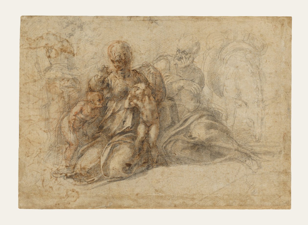De Heilige Familie met het Kindje Johannes de Doper (recto); Amoureuze Putti aan het Spelen; Kop van een Vogel (verso) door Michelangelo Buonarroti