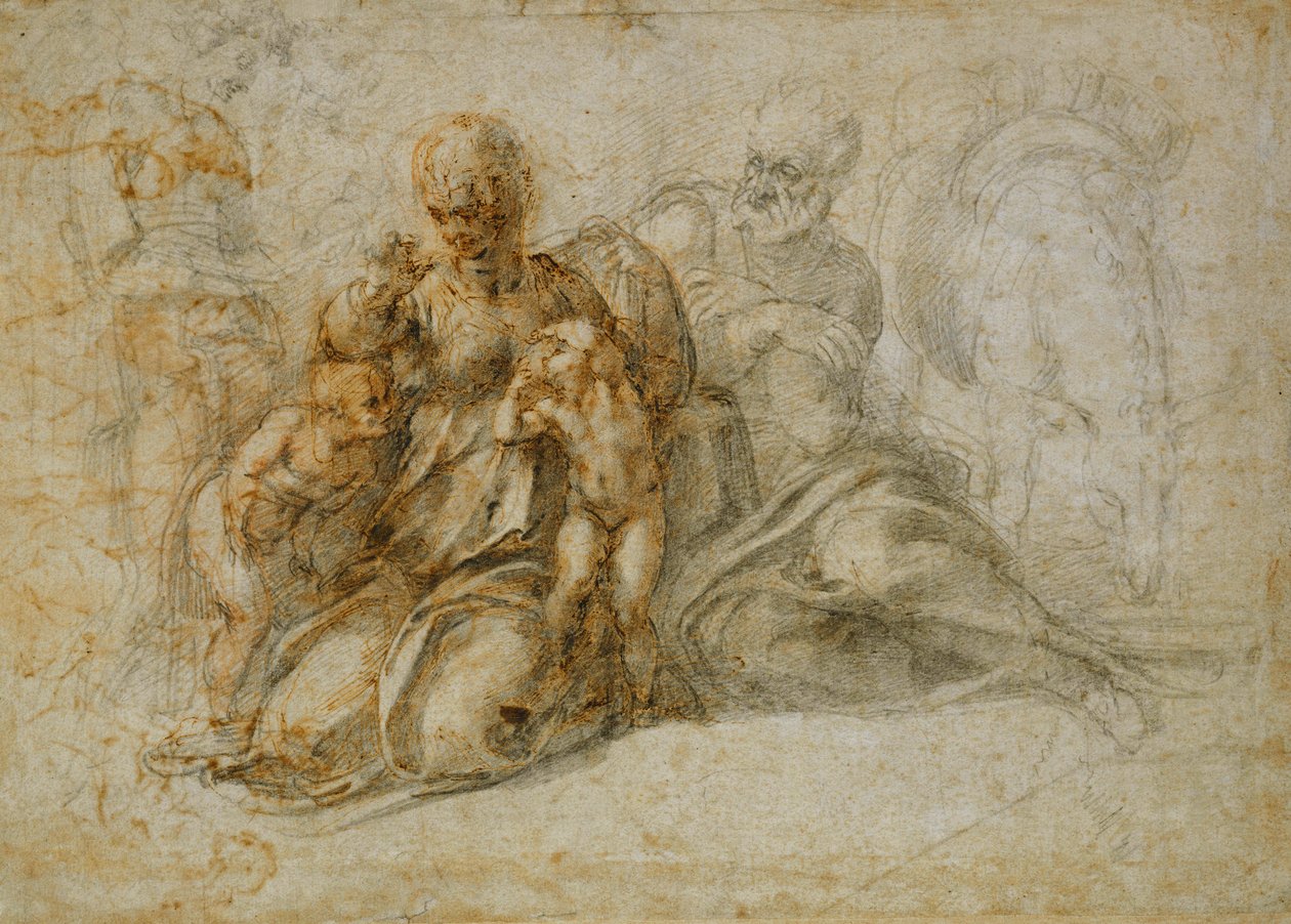 De ontmoeting van de jonge Sint Jan de Doper met de Heilige Familie vergezeld door engelen: De rust tijdens de vlucht naar Egypte door Michelangelo Buonarroti