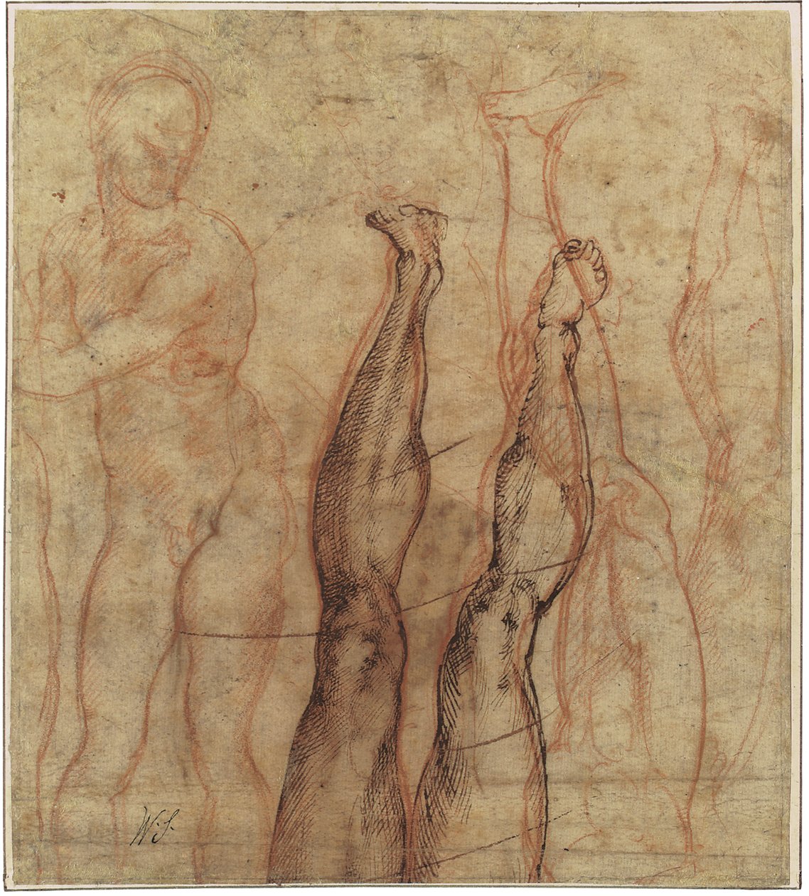 De verrezen Christus, driekwart lengte naakt getekend over studies van een been en een voet door Michelangelo Buonarroti