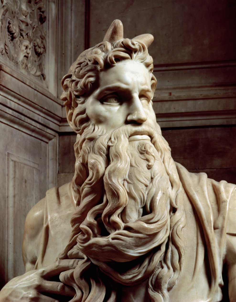 Graf van Paus Julius II, detail van het hoofd van Mozes door Michelangelo Buonarroti