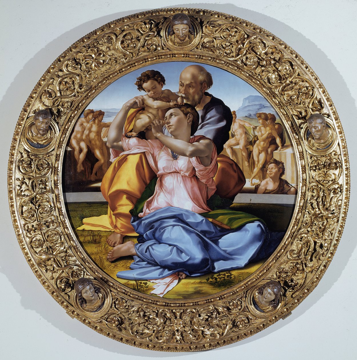 Tondo Doni: De Heilige Familie met Sint Jan de Doper als kind door Michelangelo Buonarroti