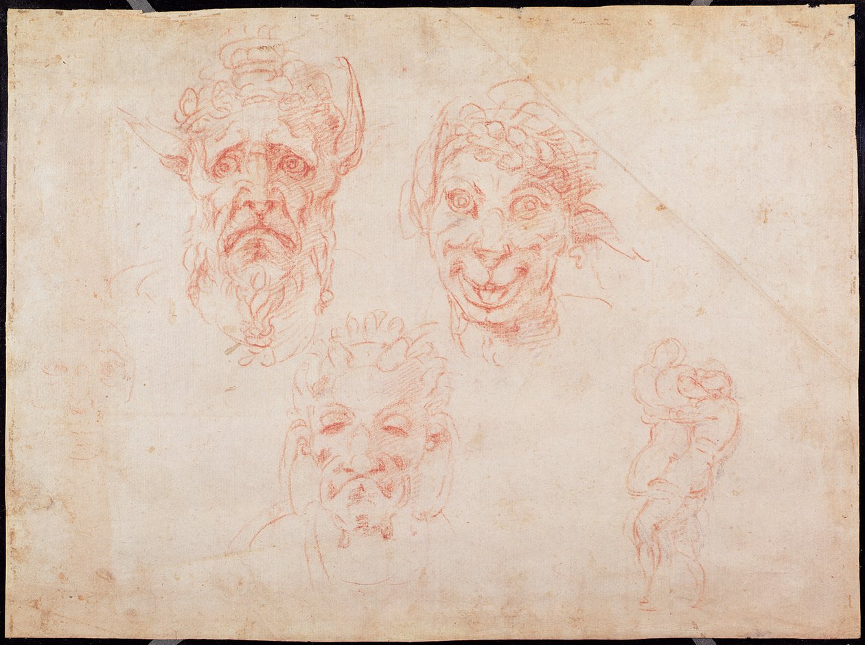W.33 Schetsen van satersgezichten (rode krijt op papier) door Michelangelo Buonarroti