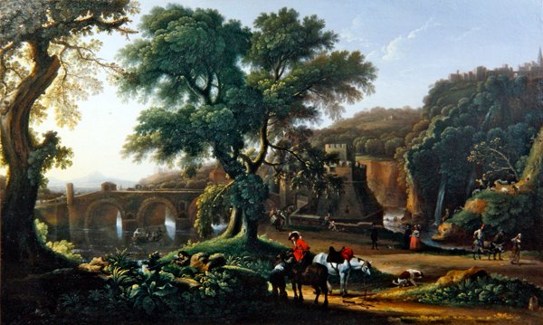 Een landschap met figuren door Michelangelo Cerquozzi
