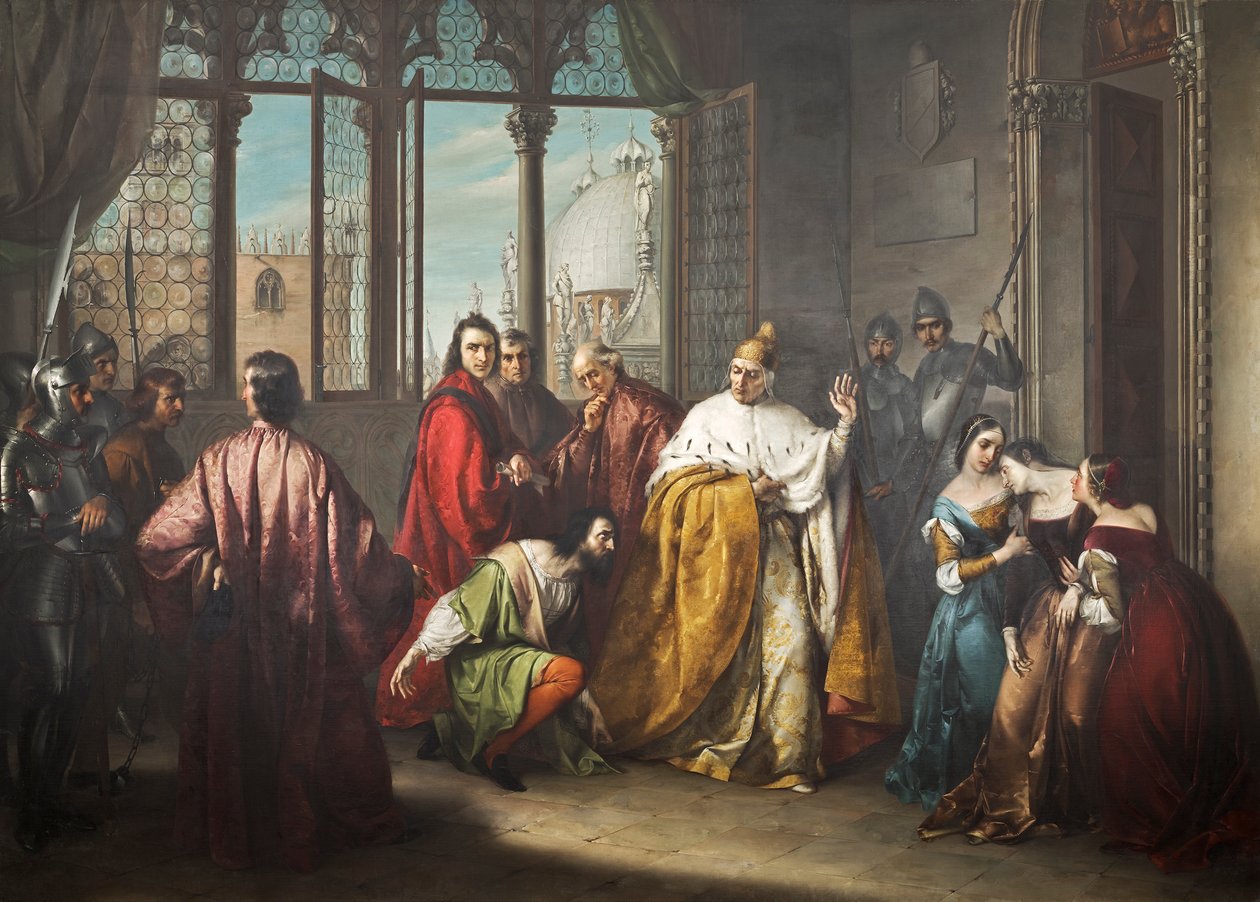 De doge Francesco Foscari stuurt zijn zoon Jacopo in ballingschap ("I due Foscari") door Michelangelo Grigoletti