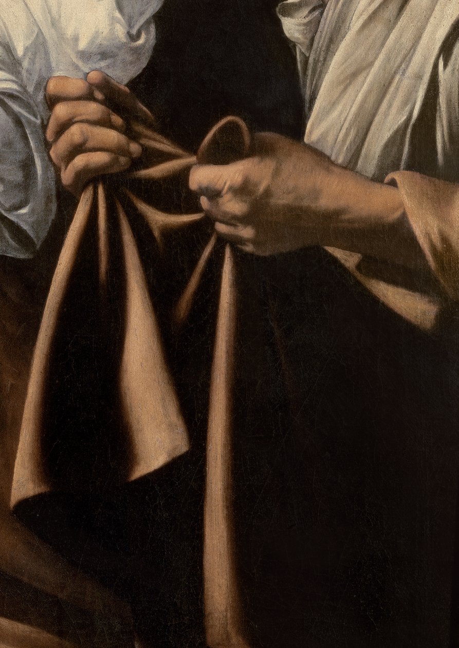 Detail (dienaar met zak voor het hoofd van Judith en Holofernes, 1599) door Michelangelo Merisi Caravaggio
