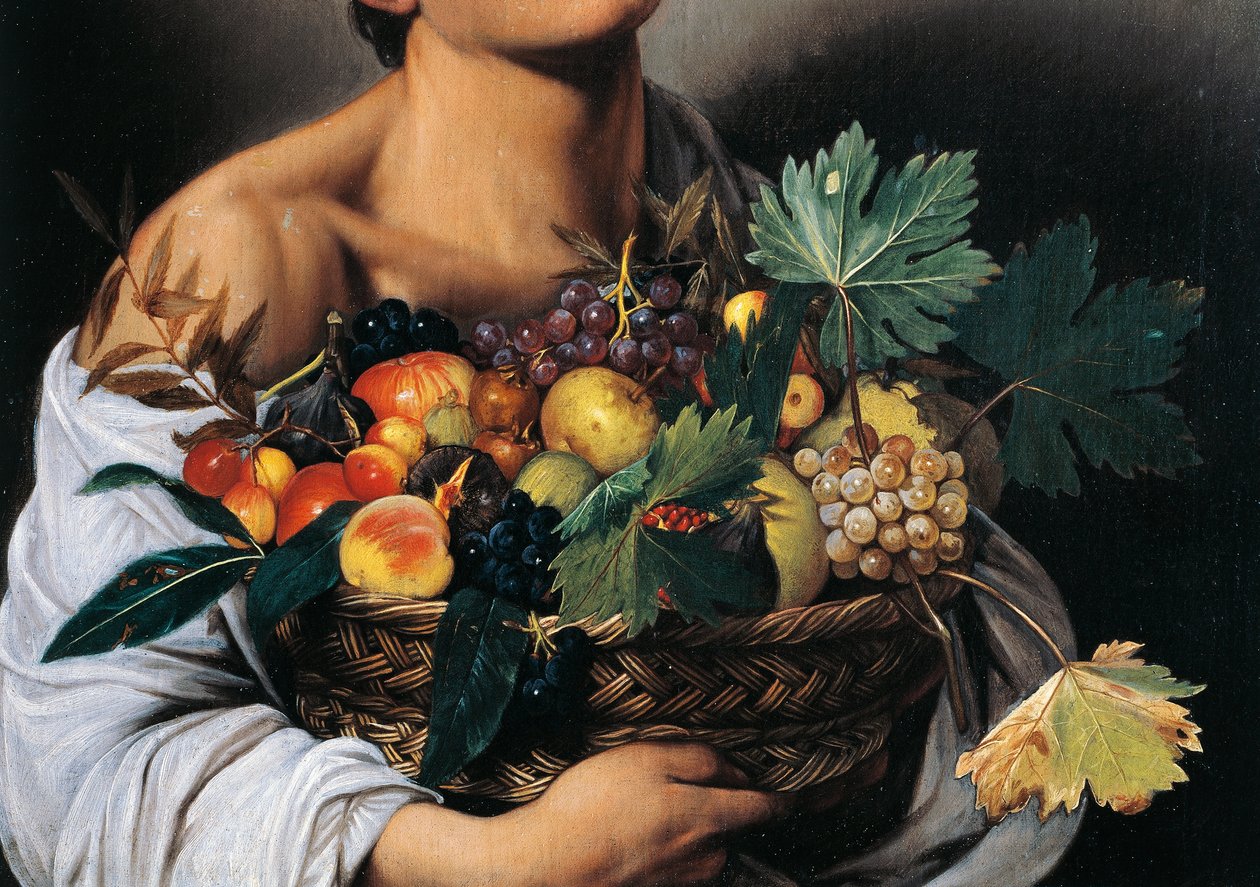 Jongen met een mand fruit (detail) door Michelangelo Merisi da Caravaggio