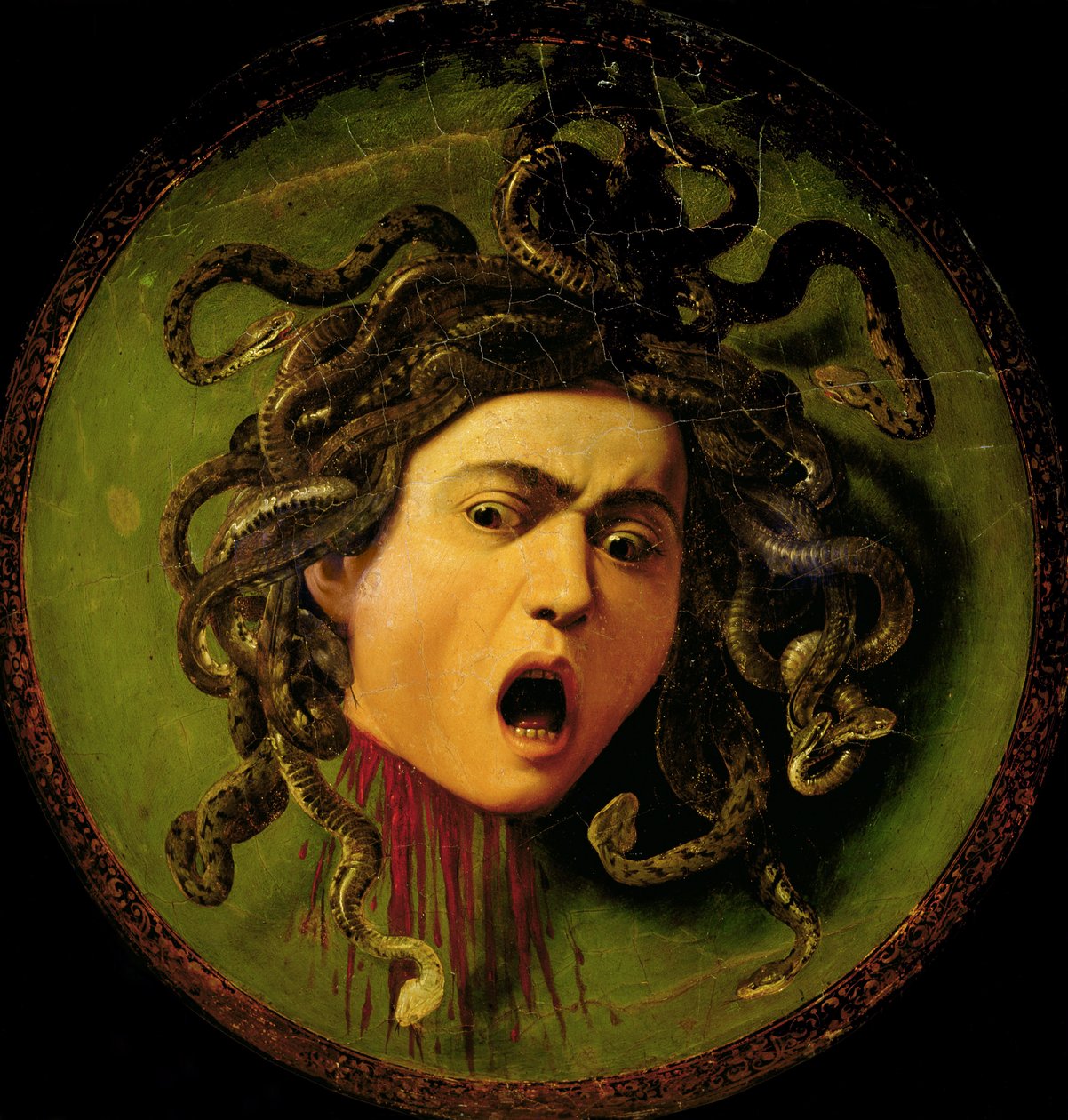Medusa, geschilderd op een leren steekscherm, ca. 1596-98 (voor restauratie) door Michelangelo Merisi da Caravaggio