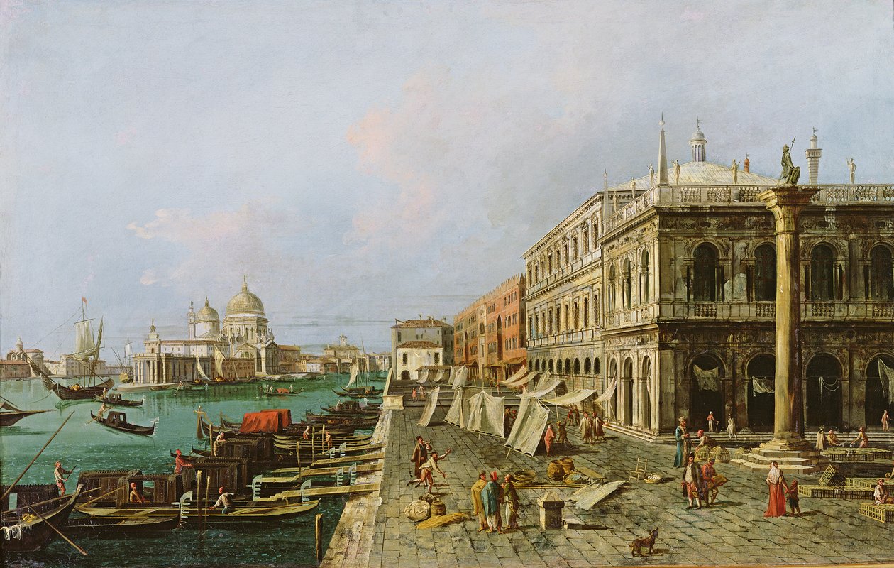 Uitzicht op de Molo voor Palazzo della Zecca, met Santa Maria della Salute op de achtergrond, Venetië door Michele Marieschi
