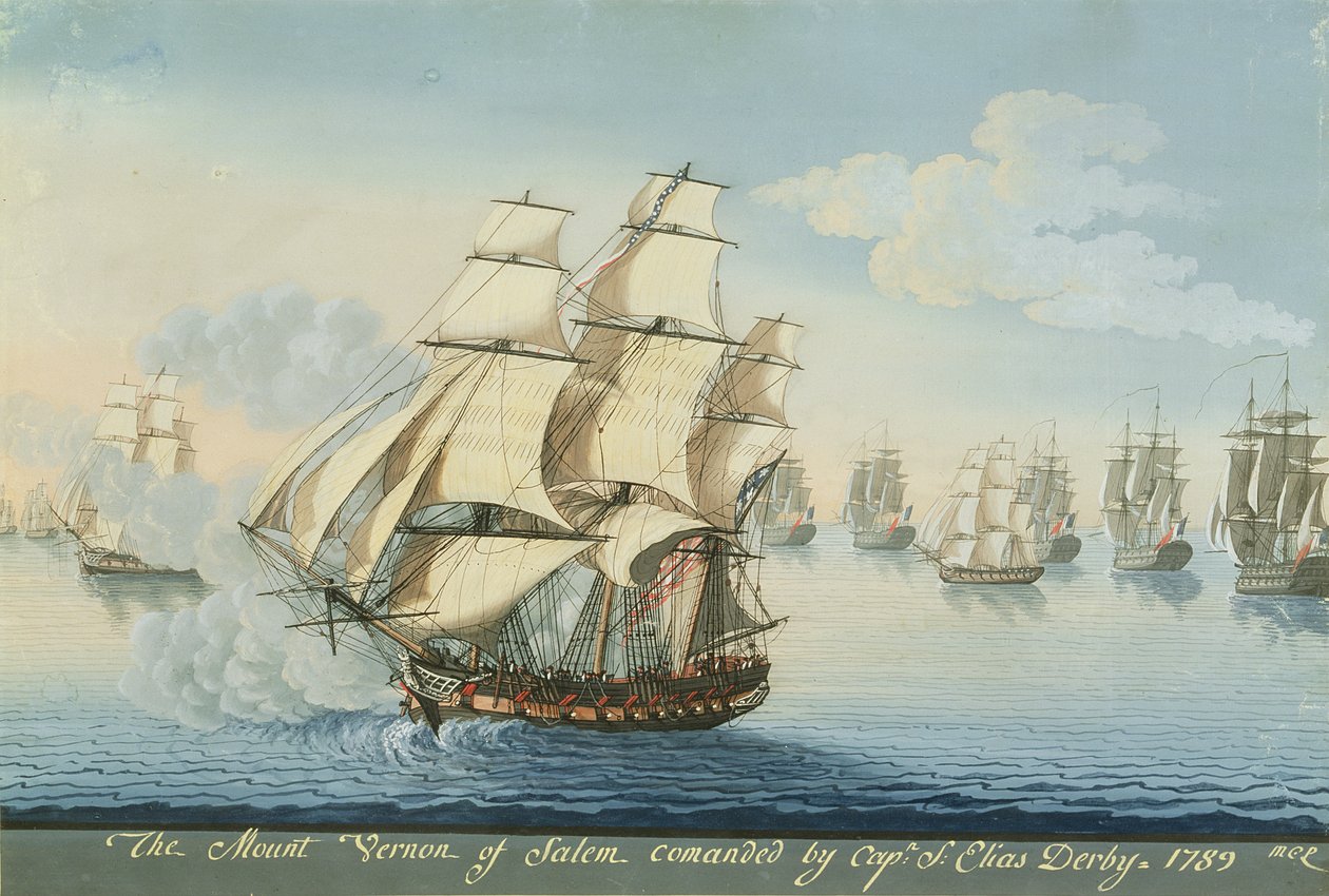 Het schip Mount Vernon van Salem verslaat een Franse vloot (aquarel op papier) door Michele Felice Corne