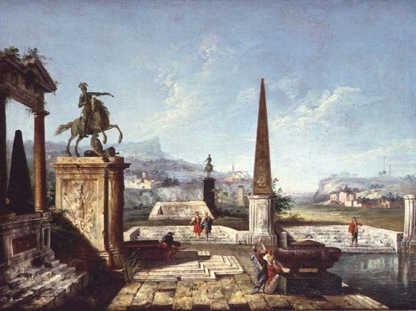 Een Capriccio van Klassieke Monumenten, een Obelisk met Soldaten bij een Poel en Bergen Verderop door Michele Marieschi