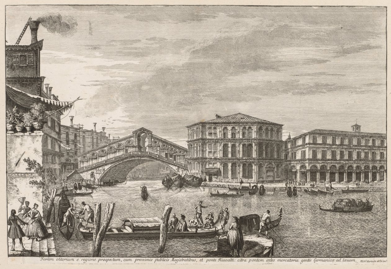 Gezichten van Venetië: De Brug en Markt van Rialto door Michele Marieschi