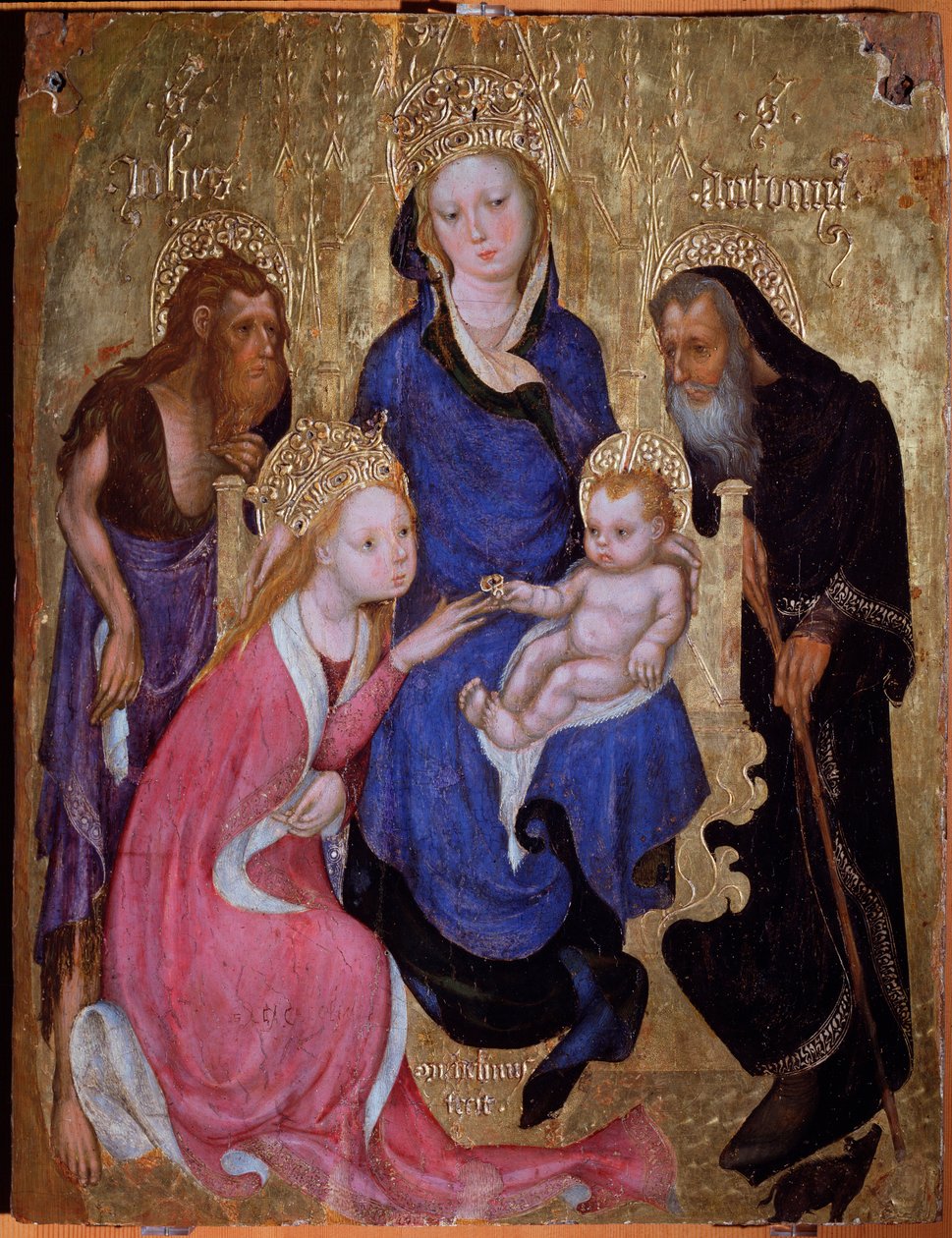 Het mystieke huwelijk van Sint-Catharina met de heiligen Johannes de Doper en Antonius van Egypte - Schilderij, circa 1420 door Michelino Molinari da (attr. to) Besozzo