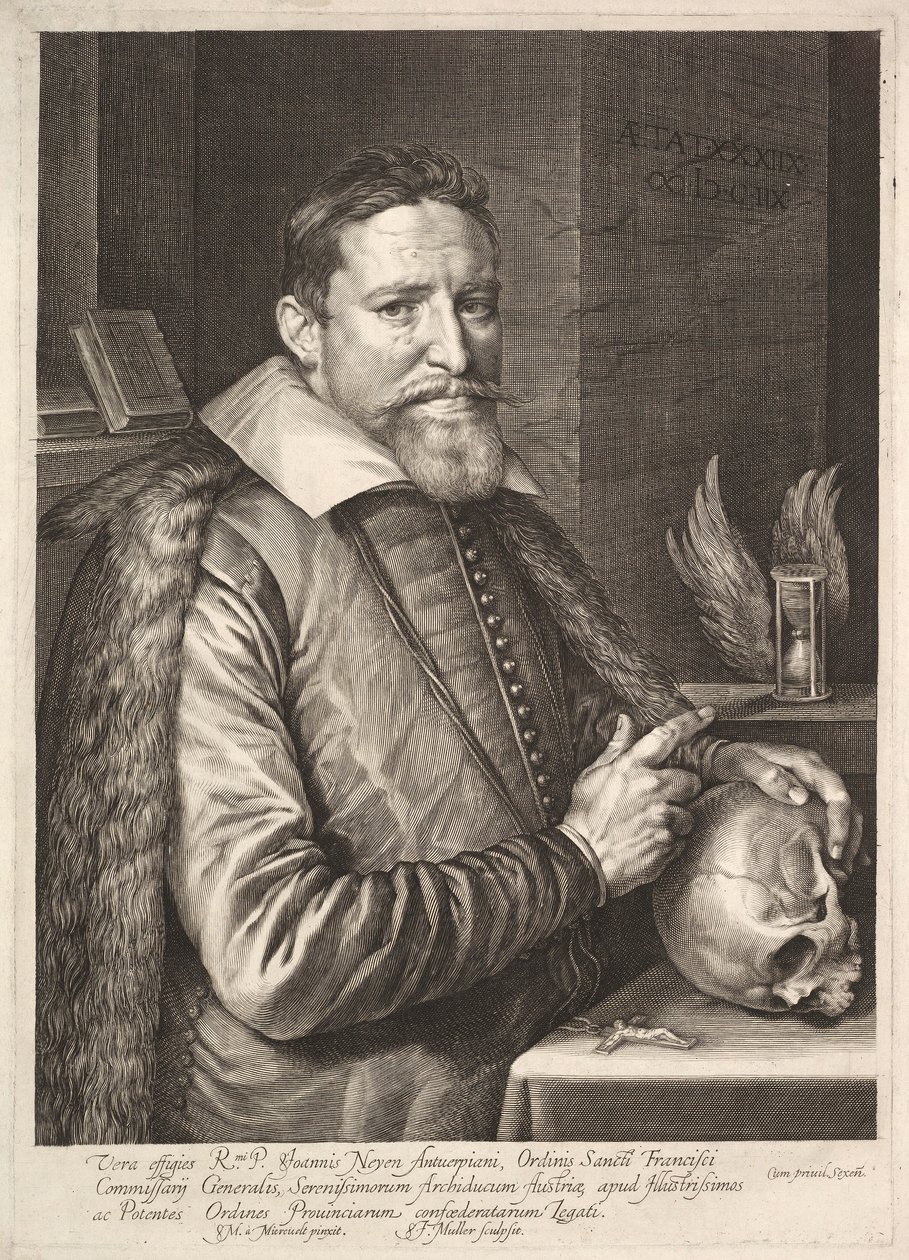 Portret van Johannes Neyen, generaal van de Orde van Franciscaner monniken, ambassadeur in Trier, uitgegeven door Michiel Jansz. van after Mierevelt