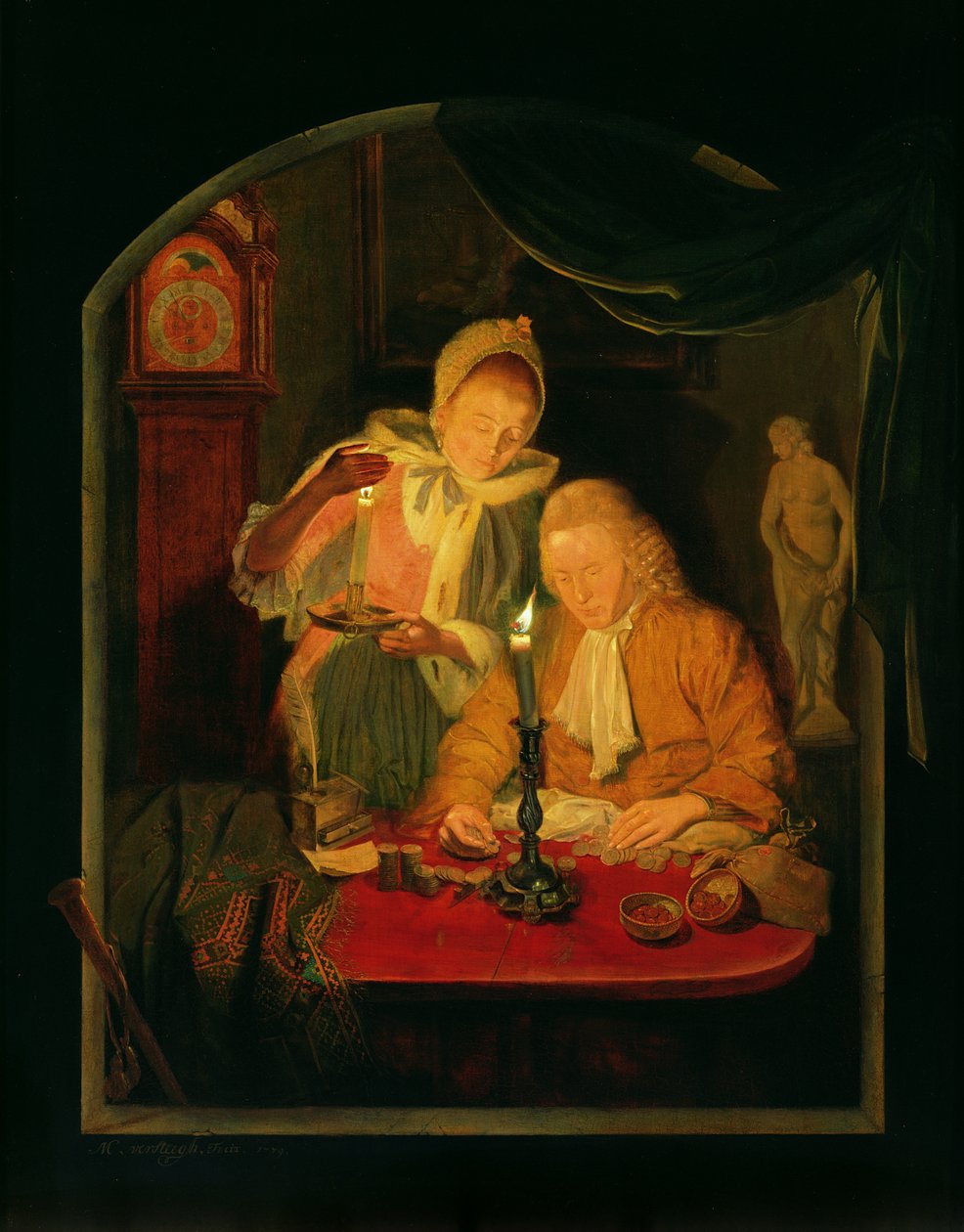 Koppel telt geld bij kaarslicht, 1779 door Michiel Versteegh