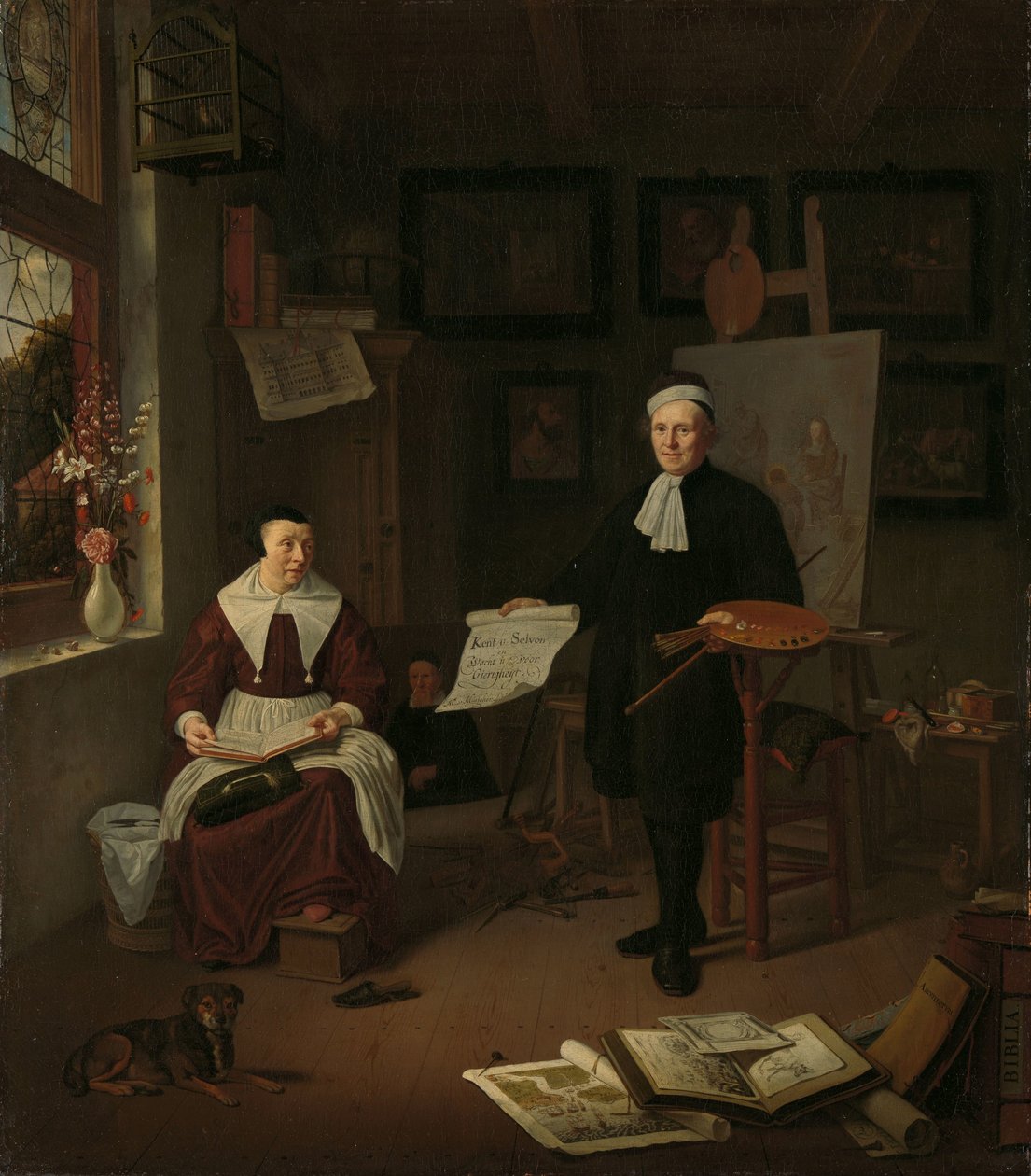 Portret van Michiel Comans (1614-1687), kalligraaf, etser, schilder en schoolmeester, met zijn derde vrouw Elisabeth van der Mersche door Michiel van Musscher