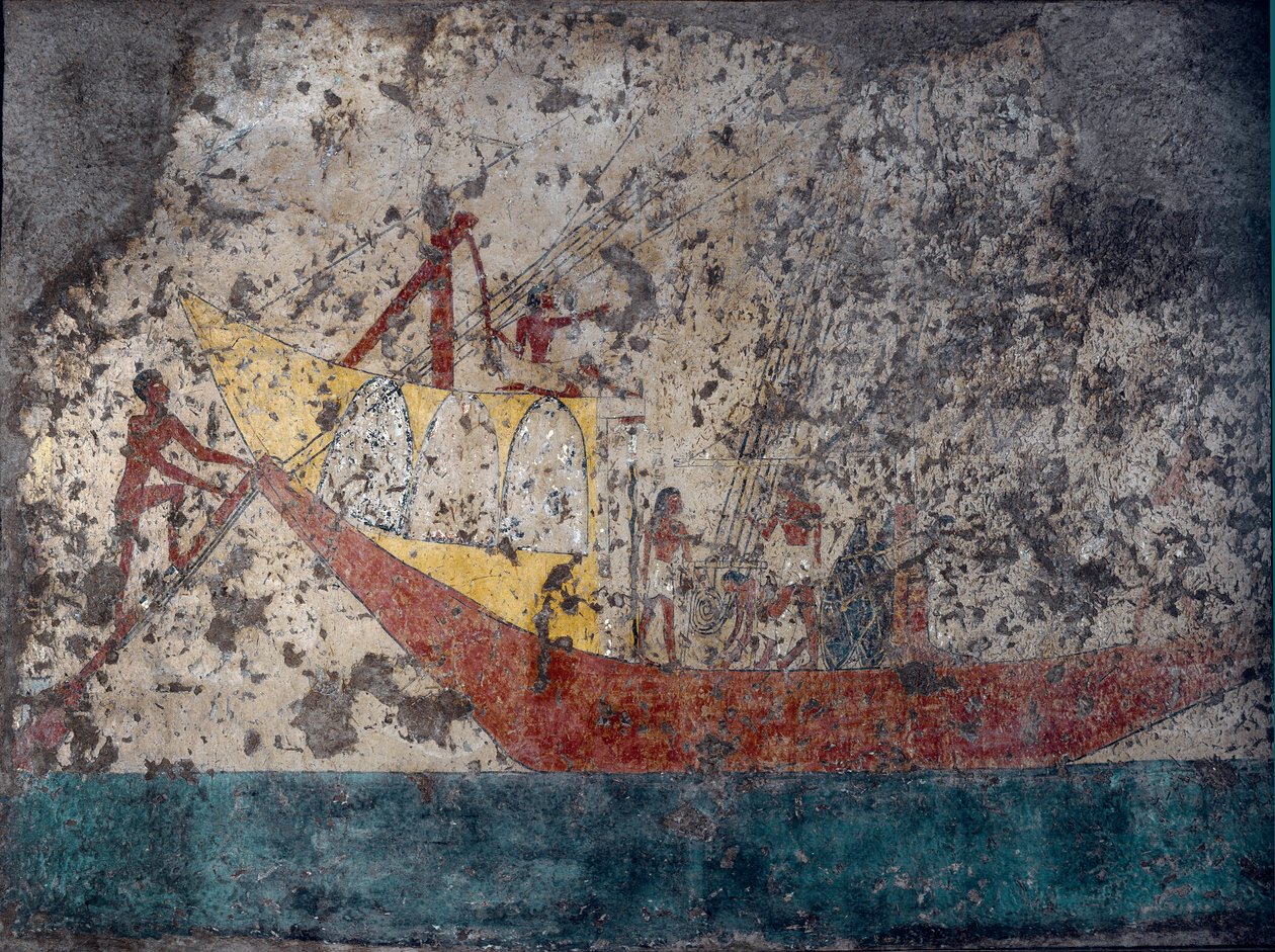 Egyptische oudheid: "Egyptisch militair schip". Fresco uit een graf. 2000 v.Chr. Turijn, Museo Egizio door Middle Kingdom Egyptian
