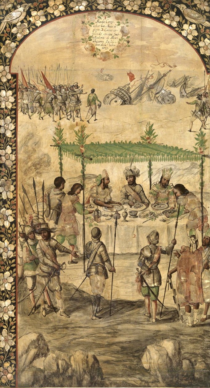 Hernan Cortes beveelt de vernietiging van de schepen en ontmoet de ambassadeurs van Montezuma in 1520 door Miguel and Juan Gonzalez