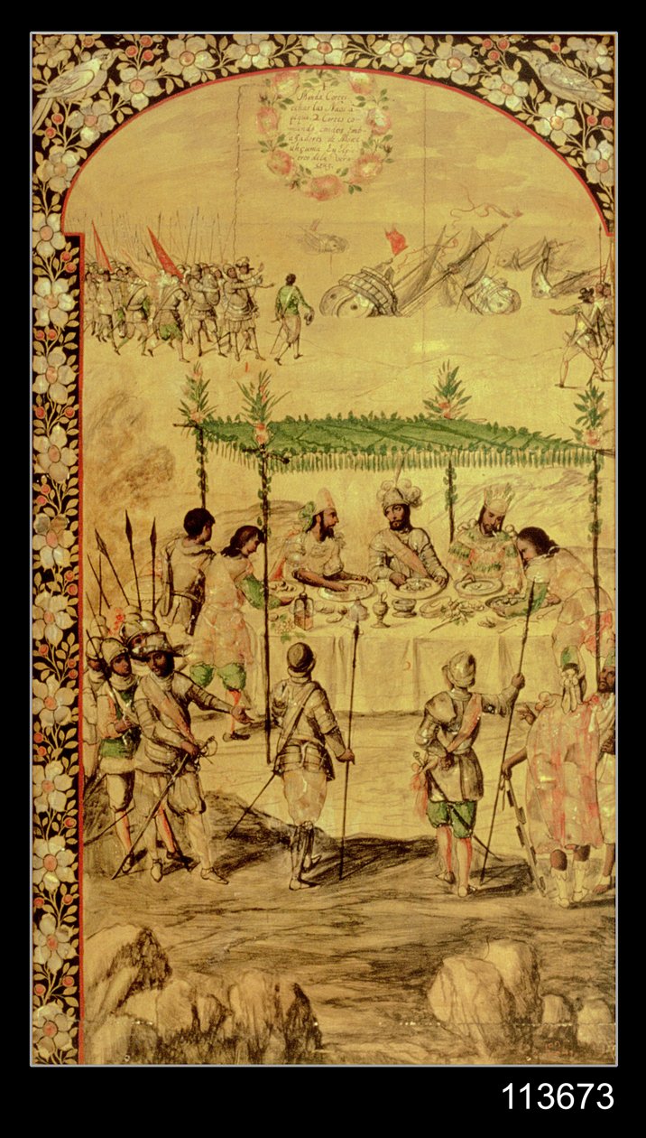 De verovering van Mexico: Hernando Cortes beveelt de vernietiging van de schepen en ontmoet de ambassadeurs van Montezuma in 1520 door Miguel and Juan Gonzalez