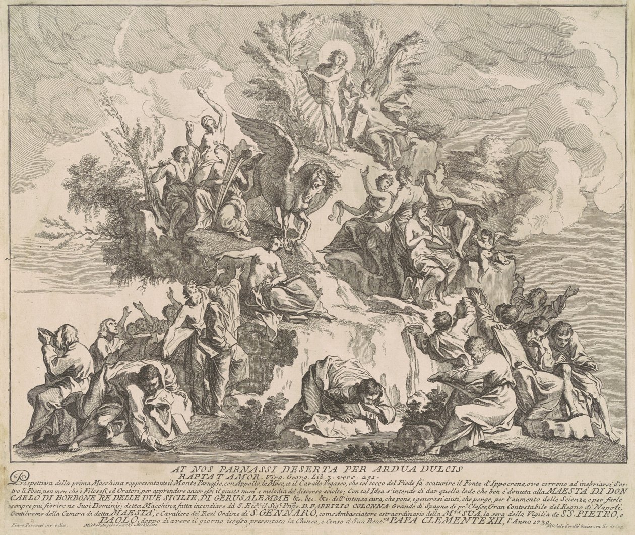 De Prima Macchina voor de Chinea van 1739: Berg Parnassus met Apollo, de Muzen en Pegasus door Miguel de Sorellò, after Pierre Parrocel, after Michelangelo Specchi