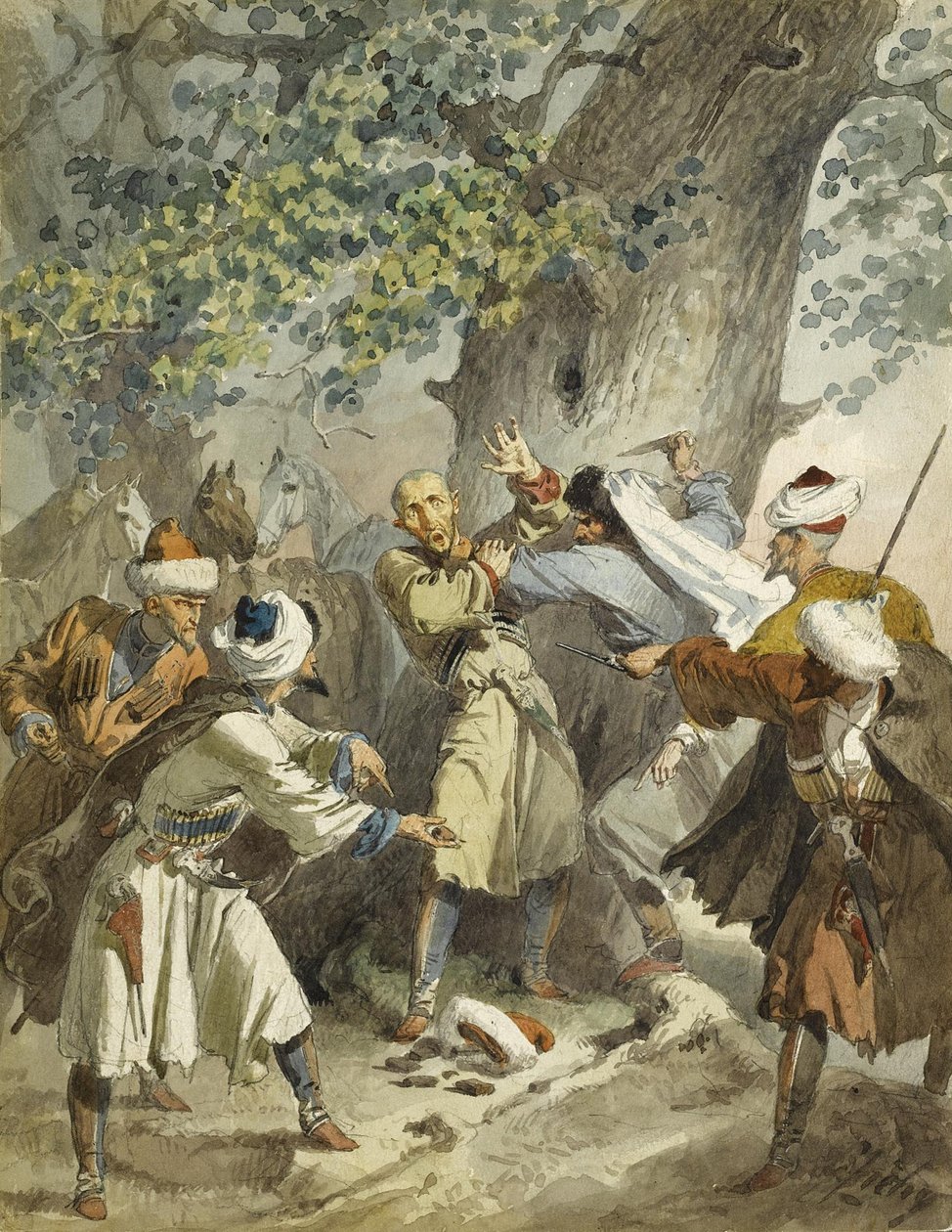 Handen omhoog! Uit de Serie Scènes du Caucase door Mihaly von Zichy