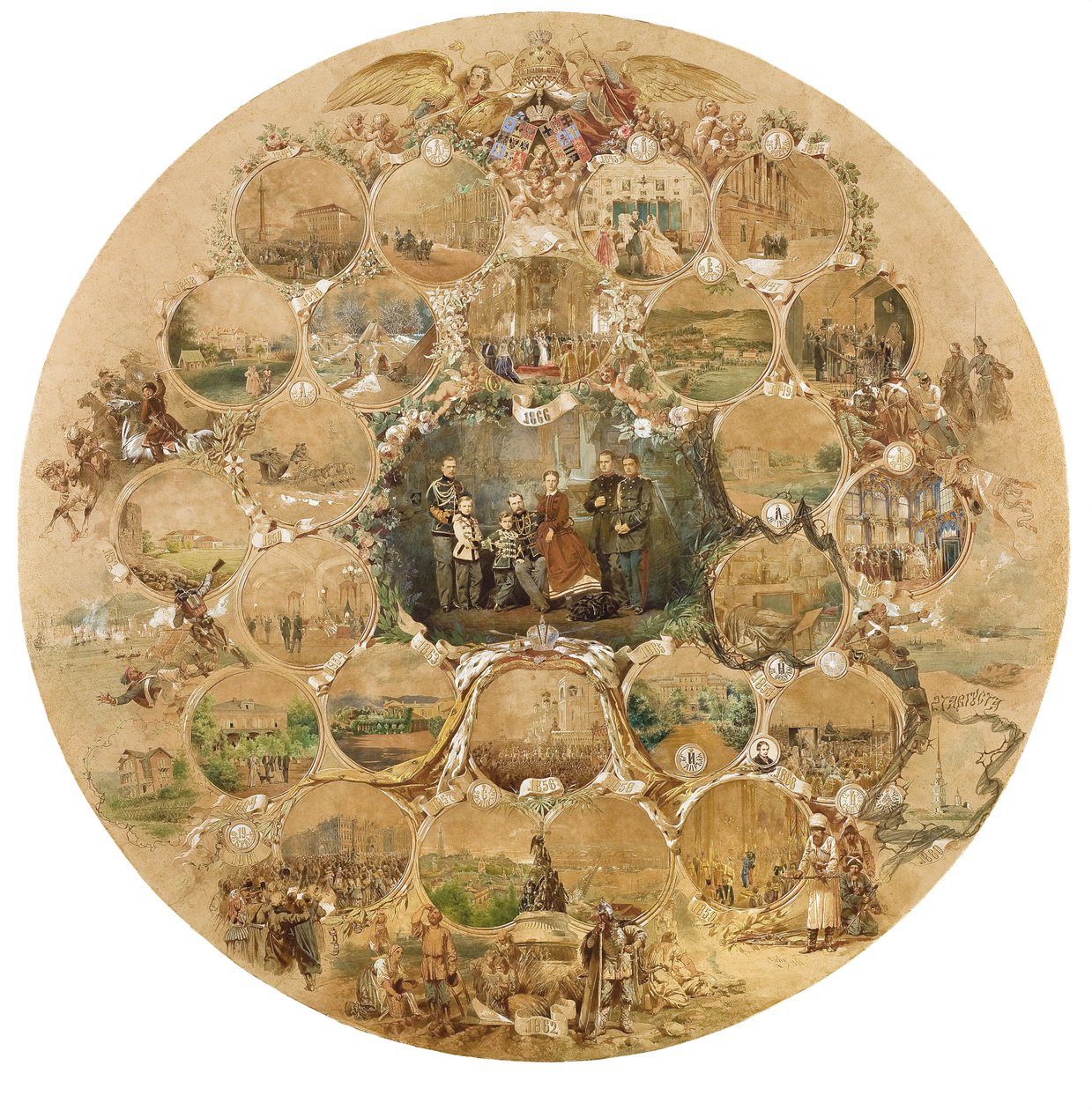 Montage ter gelegenheid van het Zilveren Huwelijksjubileum van Keizer Alexander II door Mihaly von Zichy