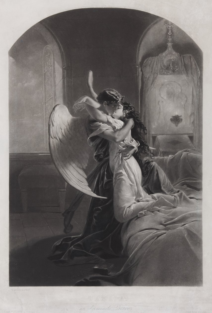 Tamara en Demon. Illustratie bij het gedicht De Demon van Mikhail Lermontov door Mihaly von Zichy