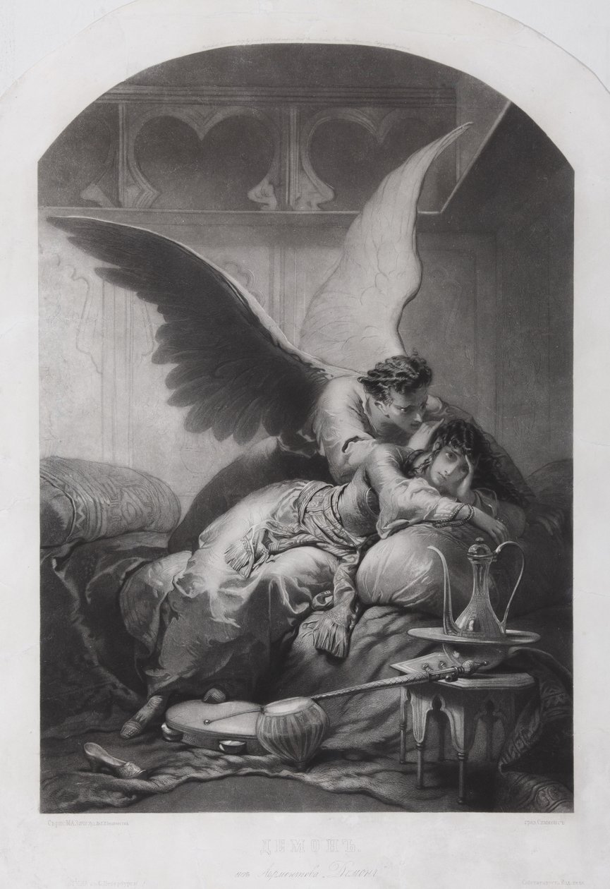 Tamara en Demon. Illustratie bij het gedicht De Demon van Mikhail Lermontov, ca. 1880 door Mihaly von Zichy