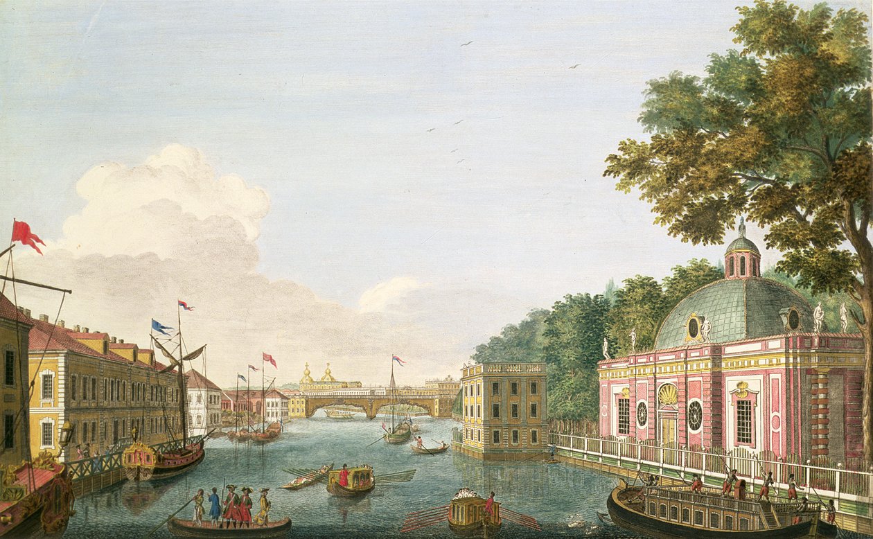 Gezicht op de Fontanka Rivier vanuit de grot en het Gastpaleis, geëtst door Grigory Anikievich Kachalov (171112-1759), 1753 door Mikhail Ivanovich Makhaev
