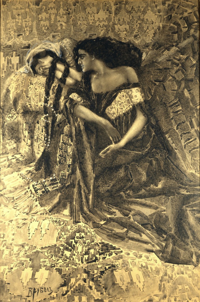 Tamara en Demon. Illustratie bij het gedicht De Demon van Mikhail Lermontov door Mikhail Aleksandrovich Vrubel