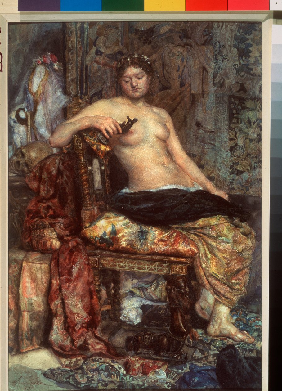 Een model in een Renaissance-meubel door Mikhail Aleksandrovich Vrubel