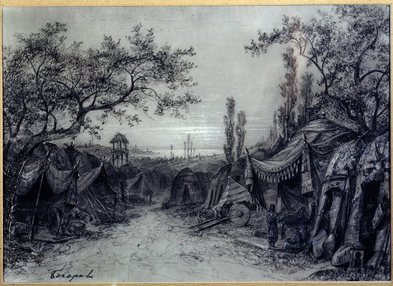 Voorbereidende decor voor de opera "Prins Igor" van Alexander Borodin door Mikhail Ilyich Bocharov