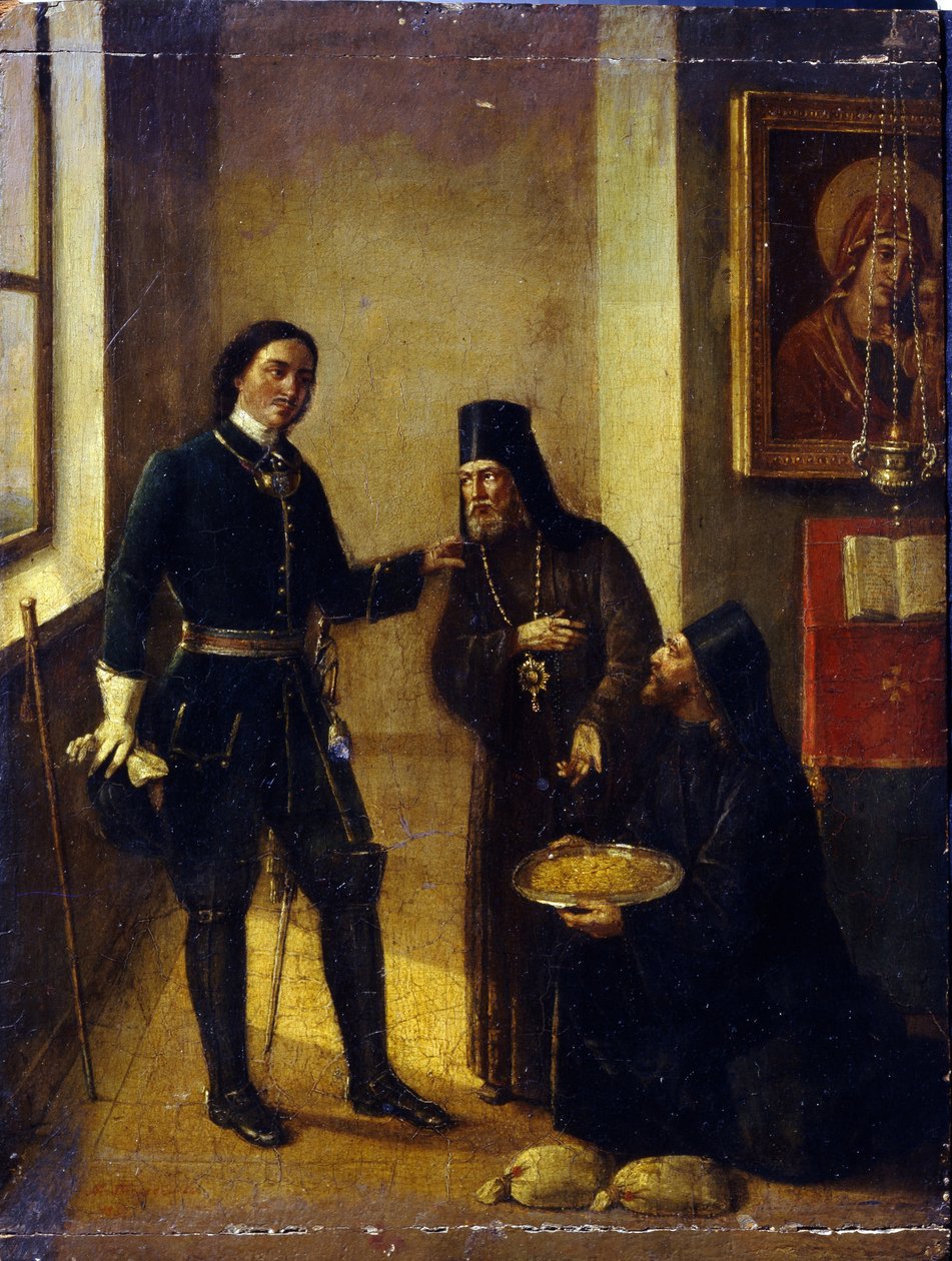 Bisschop Mitrophan van Voronezh schenkt aan Peter I voor de bouw van de Azov-vloot in 1696 door Mikhail Ivanovich Terebenev