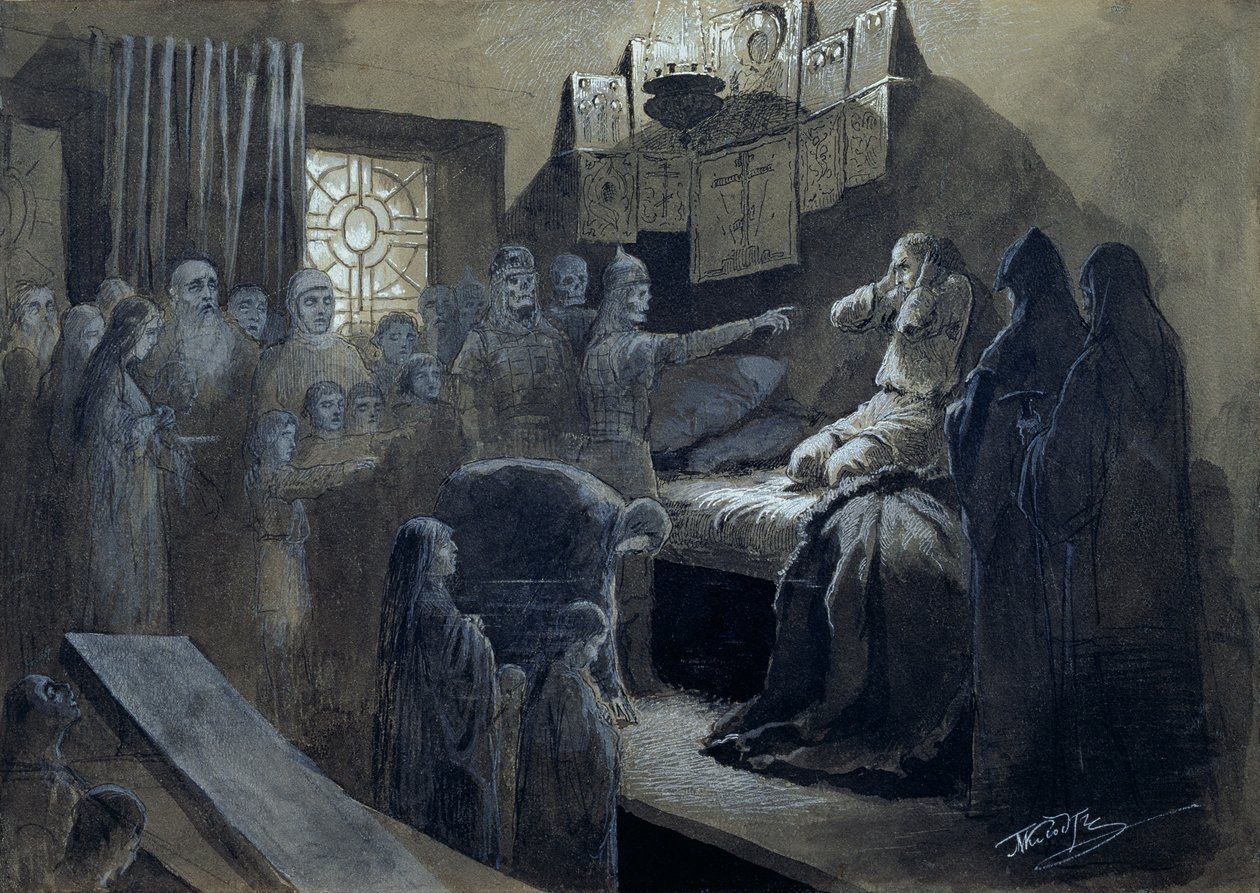 Ivan IV de Verschrikkelijke Bezocht door de Geesten van Degenen die Hij Vermoordde (pen en inkt met bodycolour op papier) door Mikhail Konstantinovich Klodt