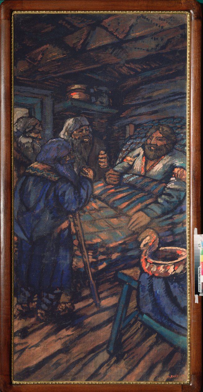 Het huwelijk van grootvorst Vladimir I Sviatoslavich (de Grote of Rood de Zon, 958-1015). Vladimir ligt in bed, omringd door drie oude mannen. door Mikhail Nikolayevich Yakovlev