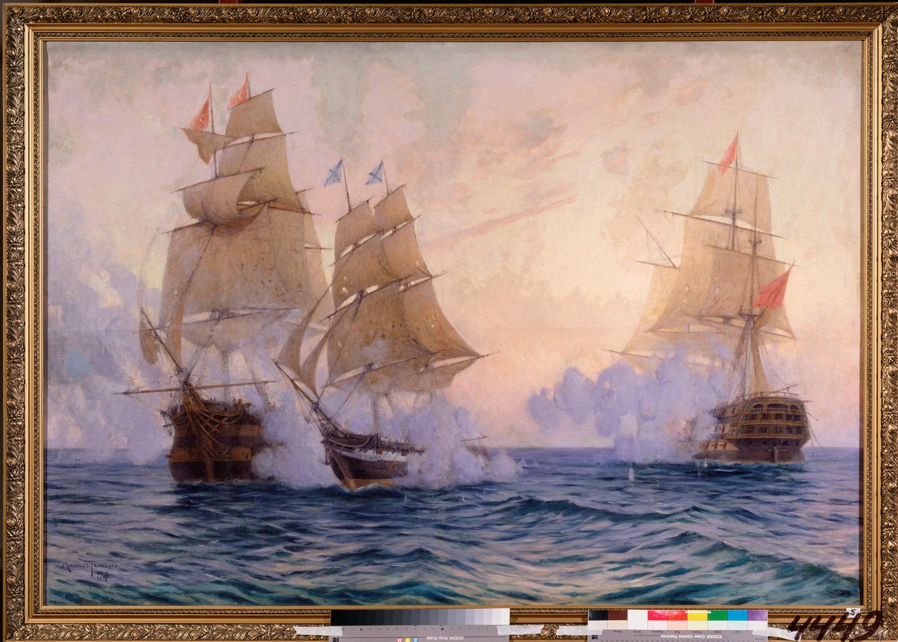 De brik Mercury vecht tegen twee Turkse schepen, 14 mei 1829 (Episode van de Russisch-Turkse oorlog) door Mikhail Stepanovich Tkatchenko
