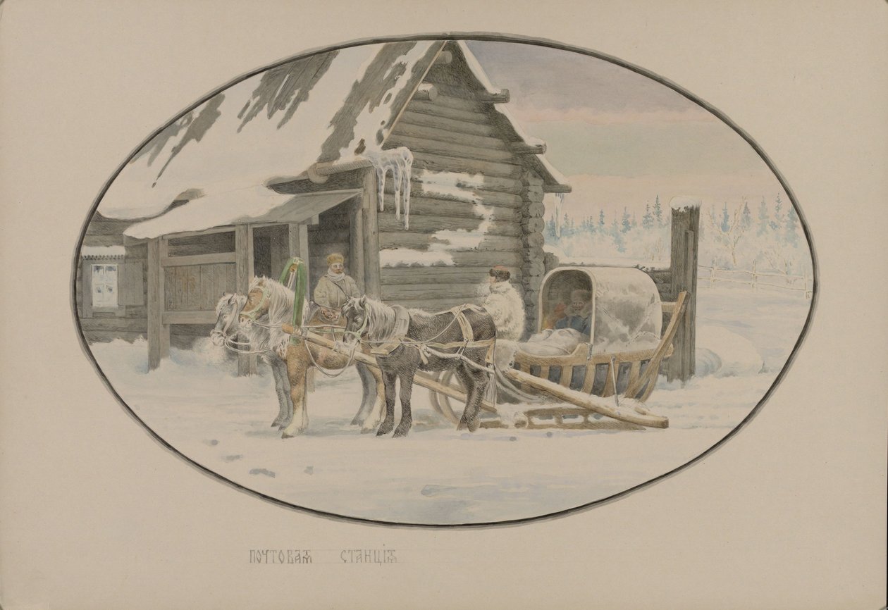 Poststation, 1862 door Mikhail Stepanovich Znamensky