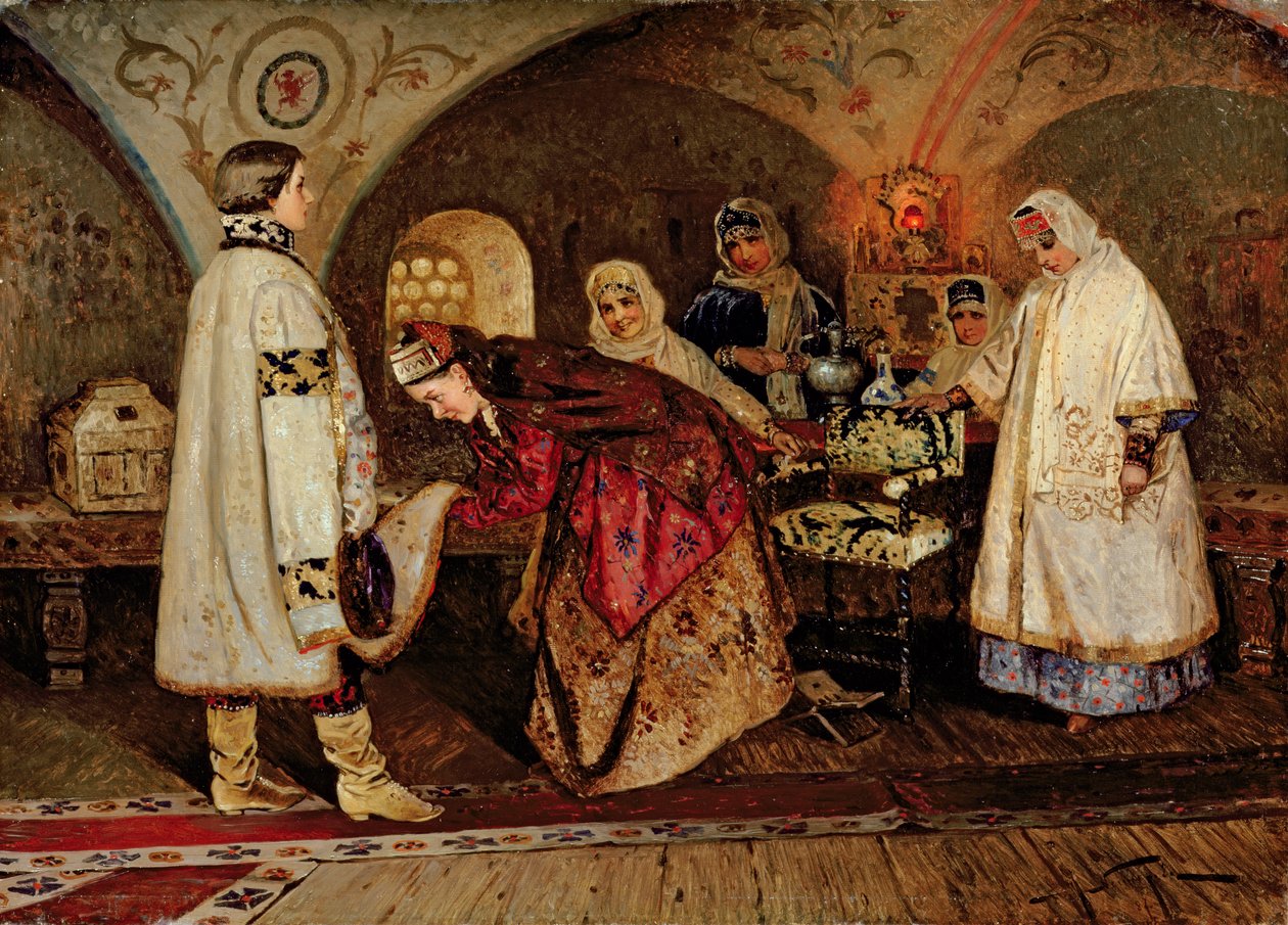 Tsaar Alexei Mikhailovich (1629-76) ontmoet zijn bruid, Maria Miloslavasky, 1887 door Mikhail Vasilievich Nesterov