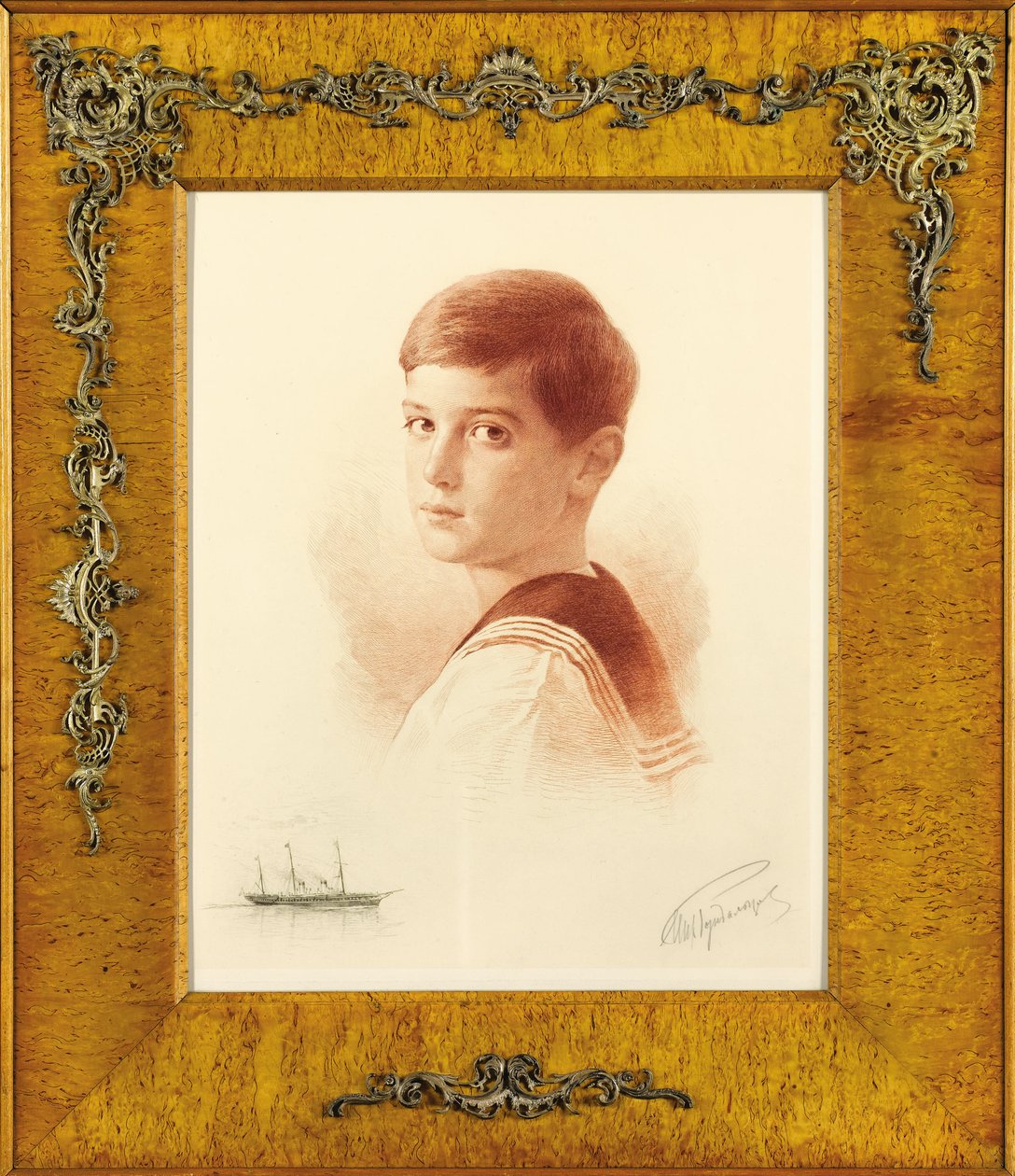 Portret van de troonopvolger Tsarevitsj Alexei Nikolaevich van Rusland met een remarque afbeelding van het keizerlijke jacht, 1913 door Mikhail Viktorovich Rundaltsov