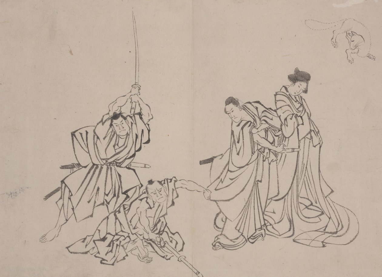 Figuur met vos, midden 19e eeuw (inkt op papier) door Mimasu Mimasu