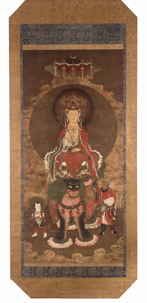 De Bodhisattva Mañjusrî op een leeuw, eind 14e eeuw (inkt, kleur  goudpigment op zijde) door Ming Dynasty Chinese School