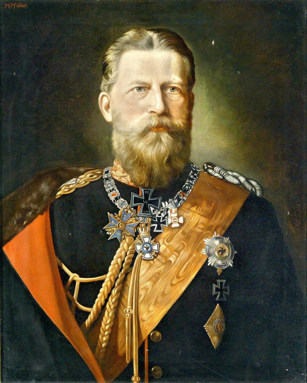 Keizer Friedrich III., koning van Pruisen; portret in veldmaarschalkuniform met ordetekens door Minna Pfüller