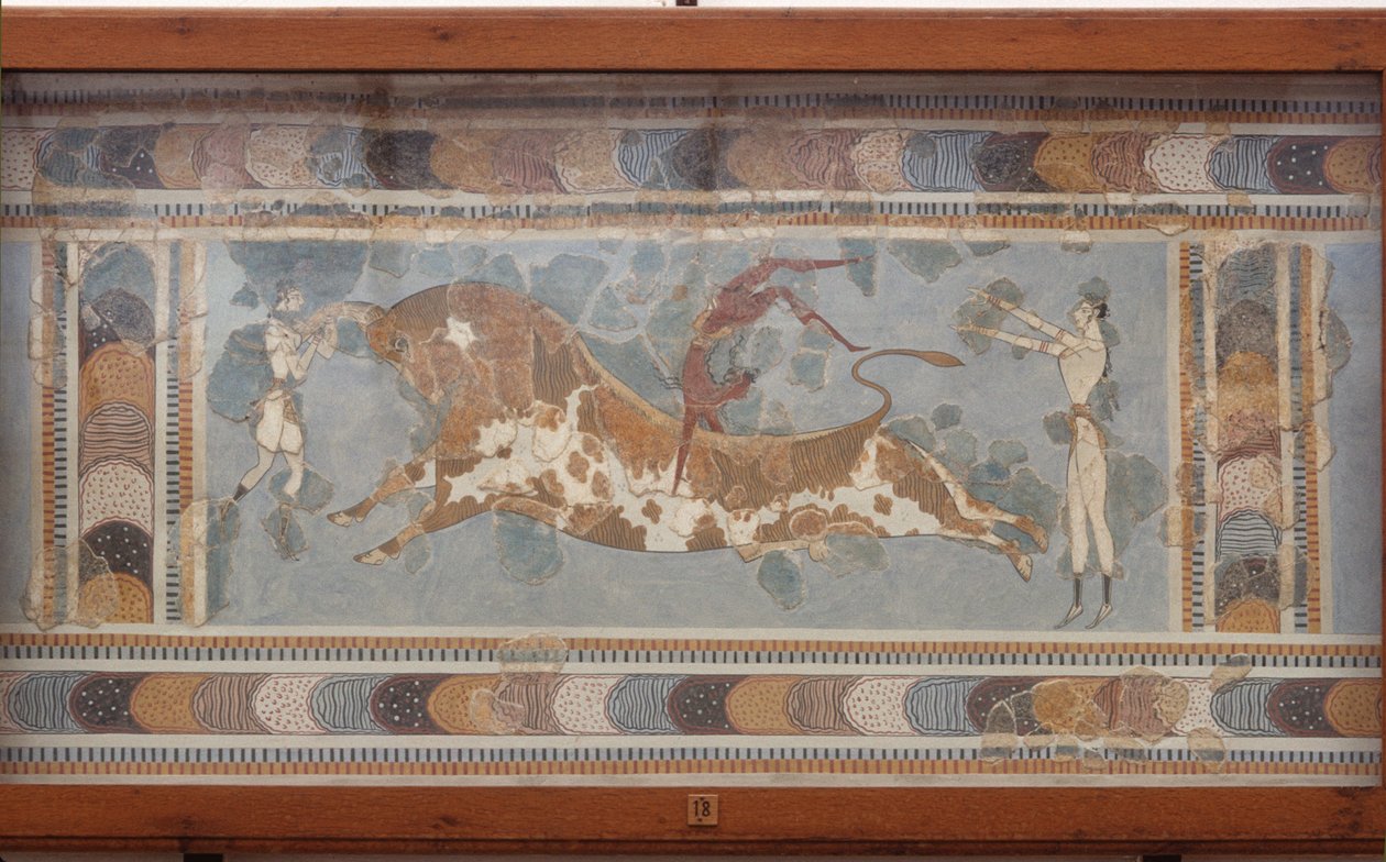 Stierengevecht fresco, van Knossos, geschilderd rond 1550-1450 v.Chr. door Minoan
